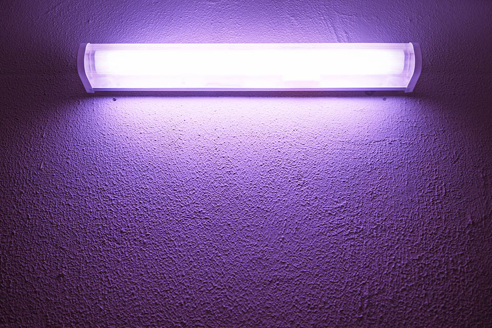 Germicidal ultraviolet lamp glows on a rough wall